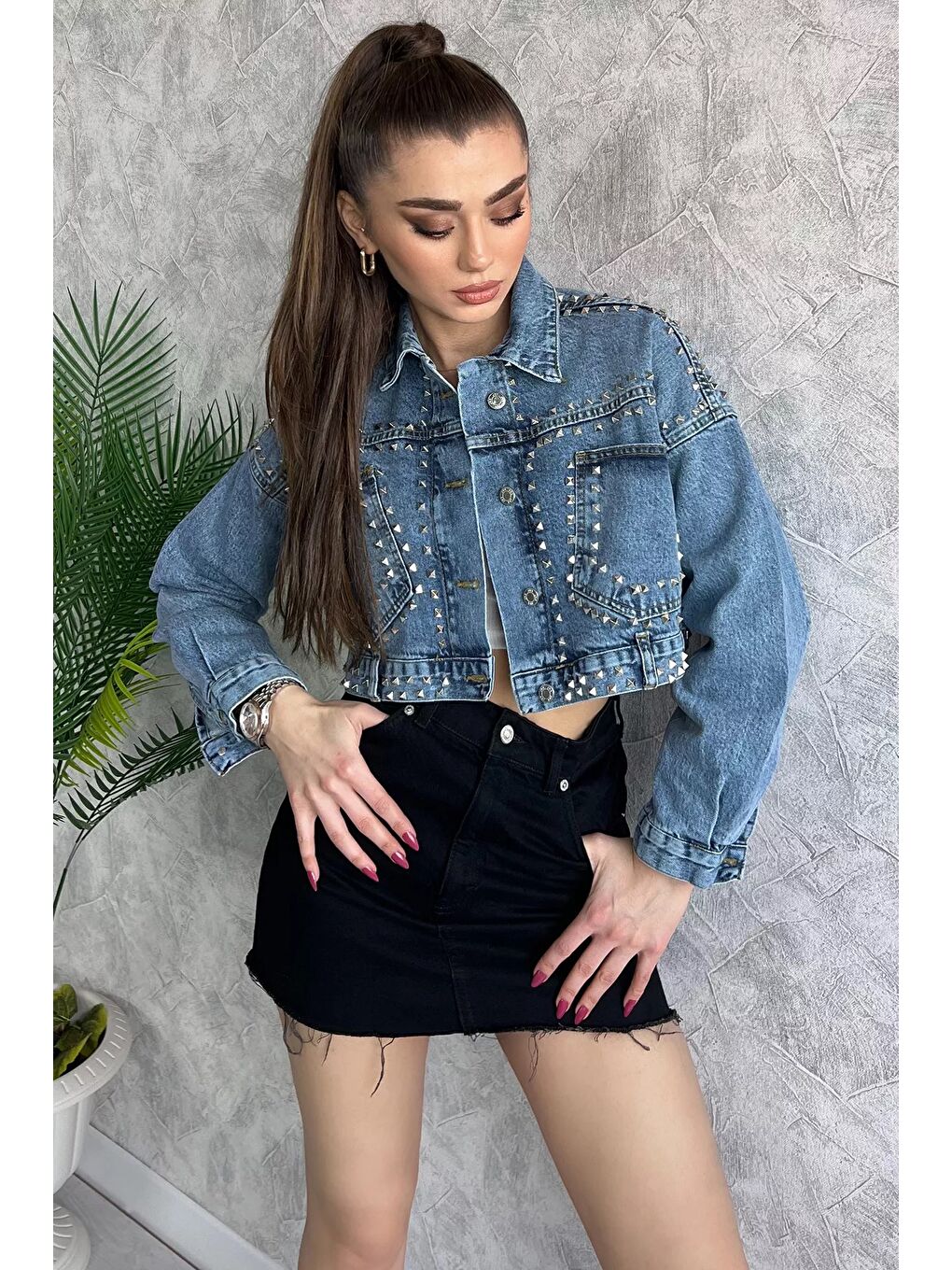 GÜLSELİ Mavi Droplu Crop Top Jean Jean Ceket - 1