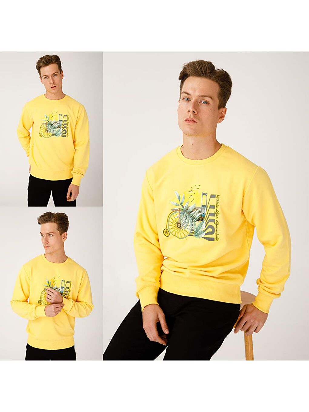 Sarı Nature Boğazda Bisiklet Erkek Sweatshirt-5