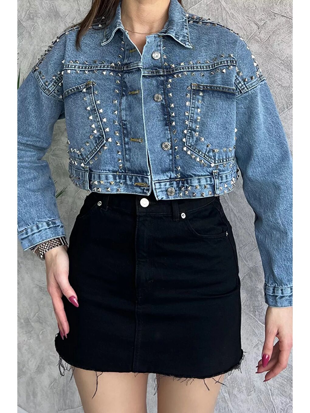 GÜLSELİ Mavi Droplu Crop Top Jean Jean Ceket - 2