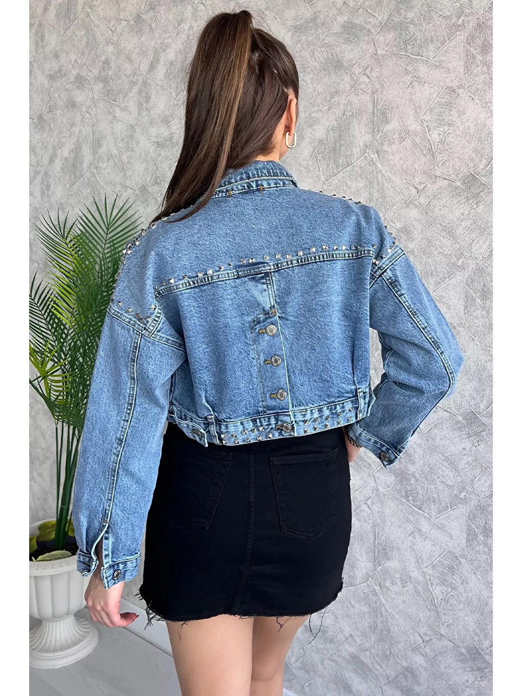 GÜLSELİ Mavi Droplu Crop Top Jean Jean Ceket - 3