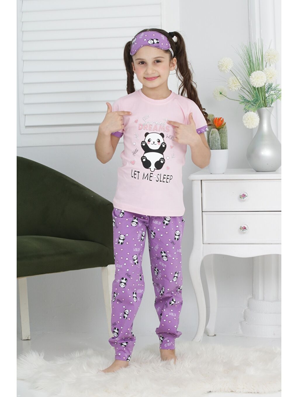 Kapi Kids Pembe Kız Çocuk Uyku Bantlı-Pandalı Pijama Takımı Mnx 6063-64