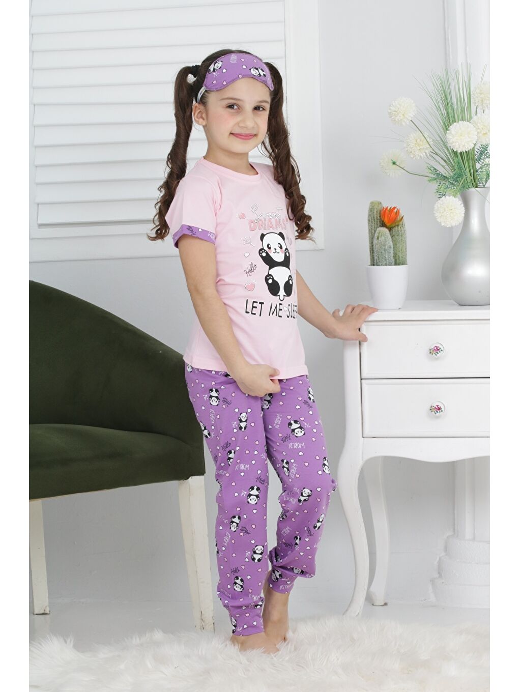 Kapi Kids Pembe Kız Çocuk Uyku Bantlı-Pandalı Pijama Takımı Mnx 6063-64 - 1