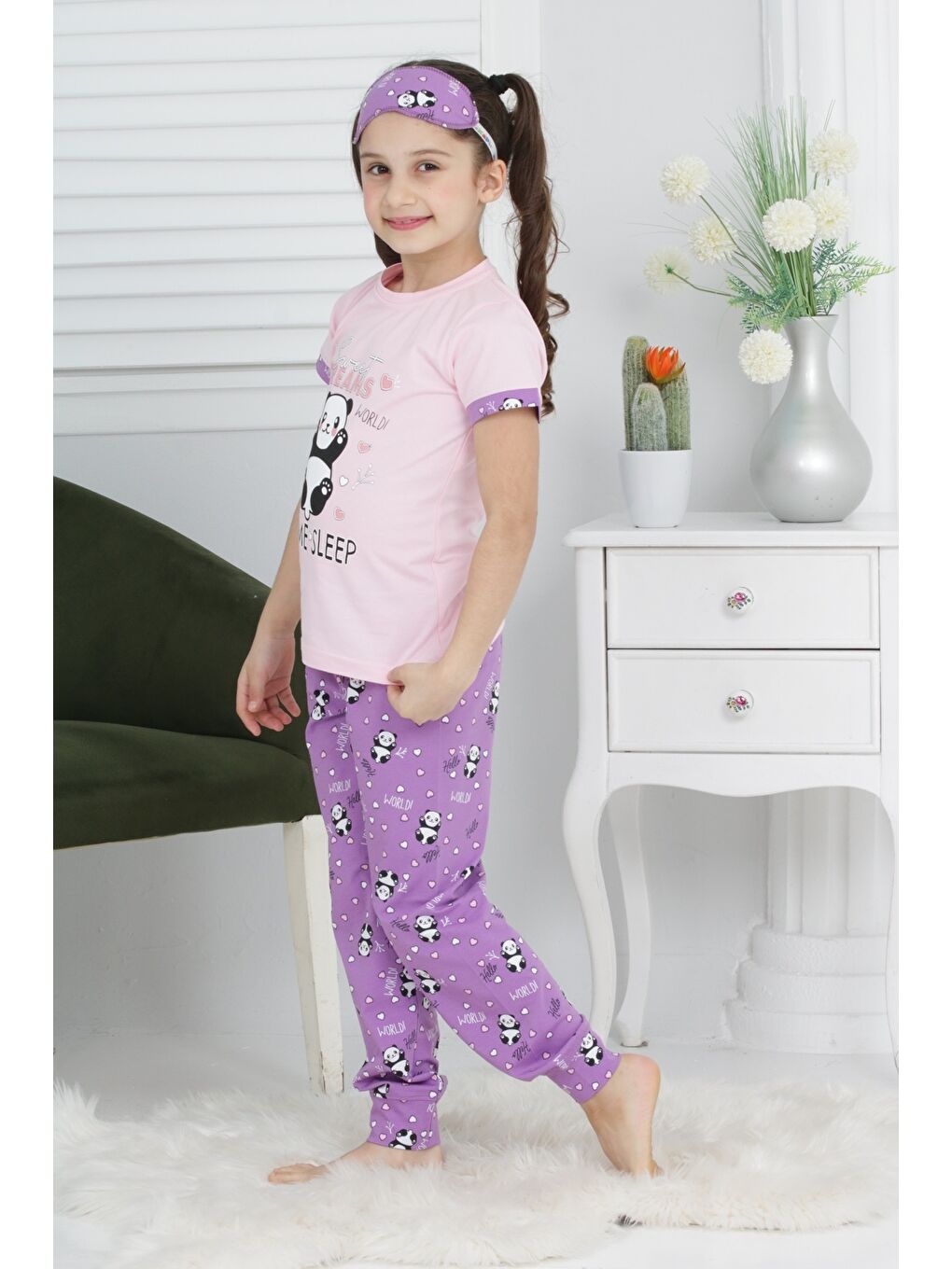 Kapi Kids Pembe Kız Çocuk Uyku Bantlı-Pandalı Pijama Takımı Mnx 6063-64 - 2