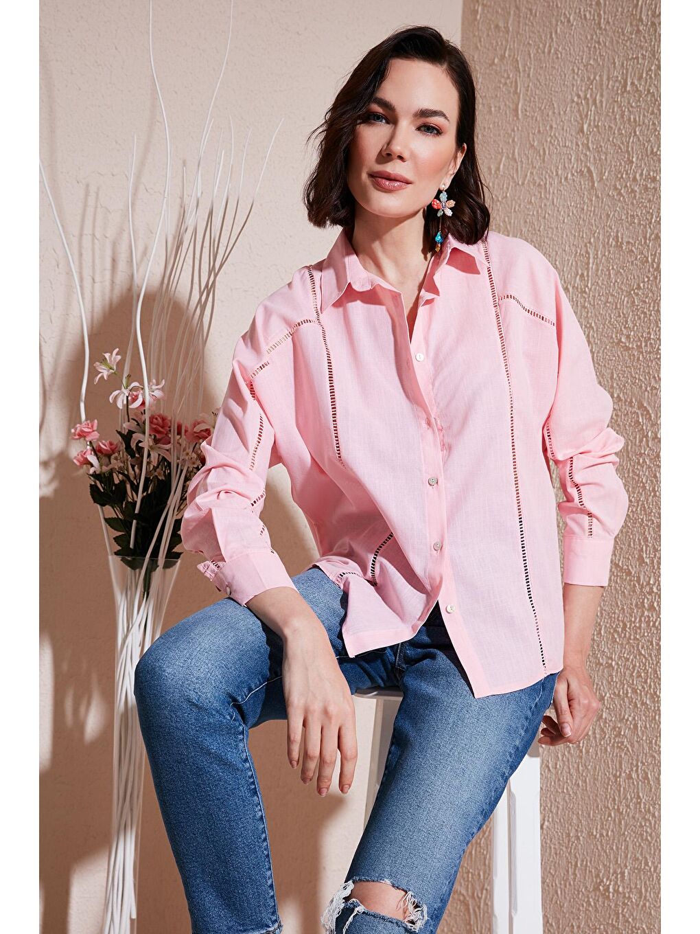 Pembe % 100 Pamuk Delikli Uzun Kollu Regular Fit Gömlek 46121062S4