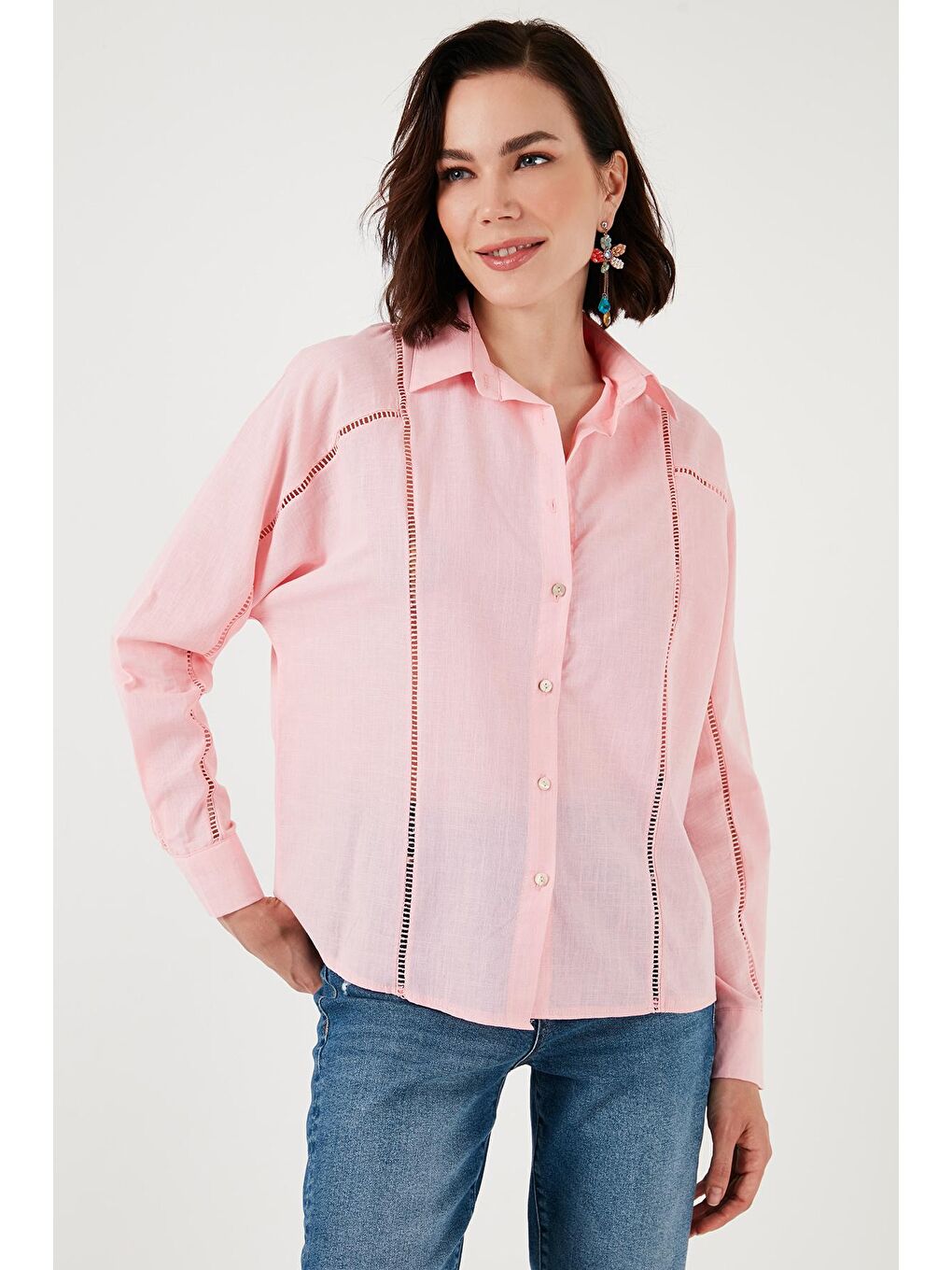 Pembe % 100 Pamuk Delikli Uzun Kollu Regular Fit Gömlek 46121062S4-1