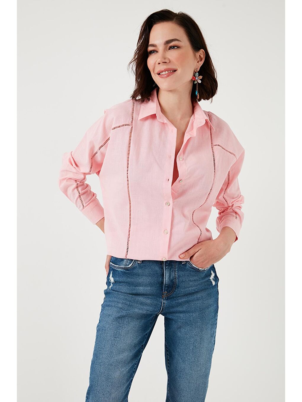 Pembe % 100 Pamuk Delikli Uzun Kollu Regular Fit Gömlek 46121062S4-2