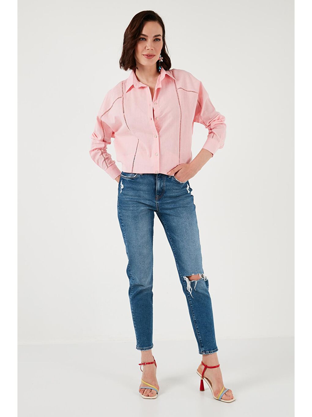 Pembe % 100 Pamuk Delikli Uzun Kollu Regular Fit Gömlek 46121062S4-3