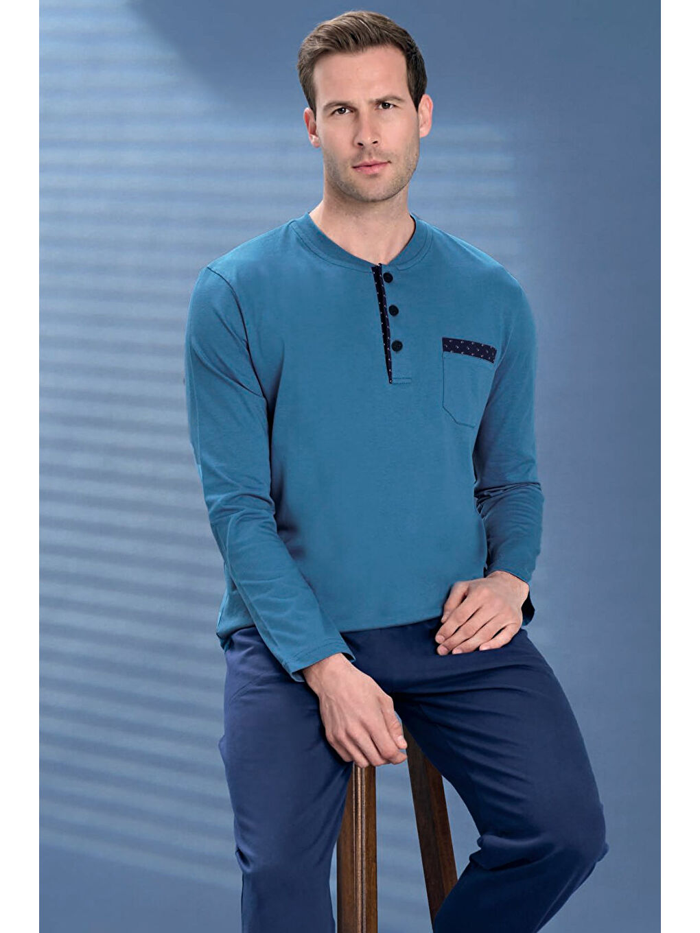 Erkek Penye Yarım Düğme Detay Uzun Kol Pijama Takımı 2129 Petrol07-1
