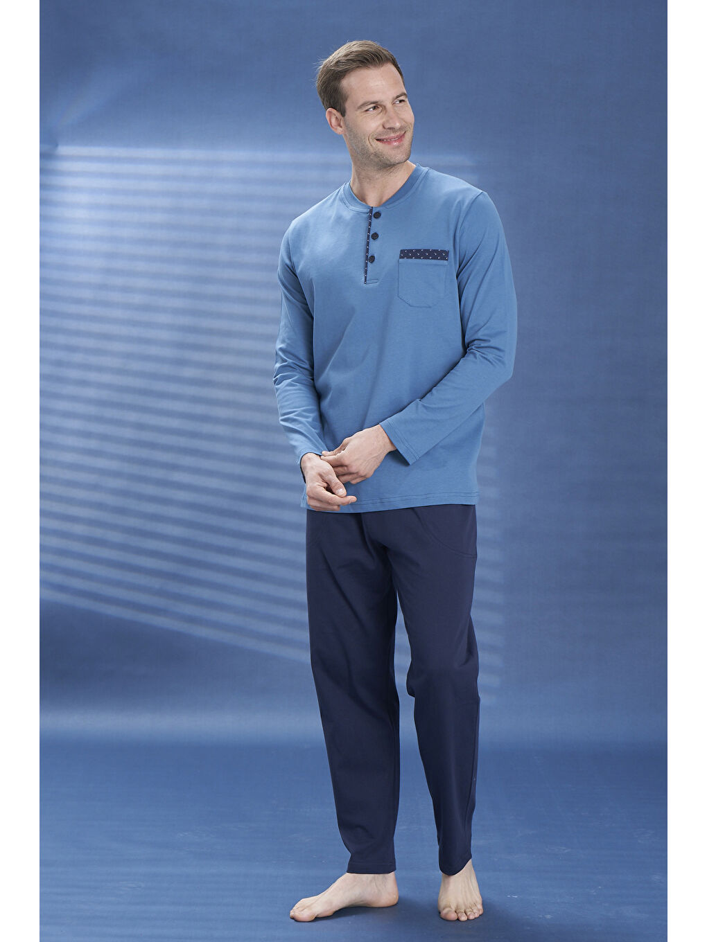 Erkek Penye Yarım Düğme Detay Uzun Kol Pijama Takımı 2129 Petrol07-2