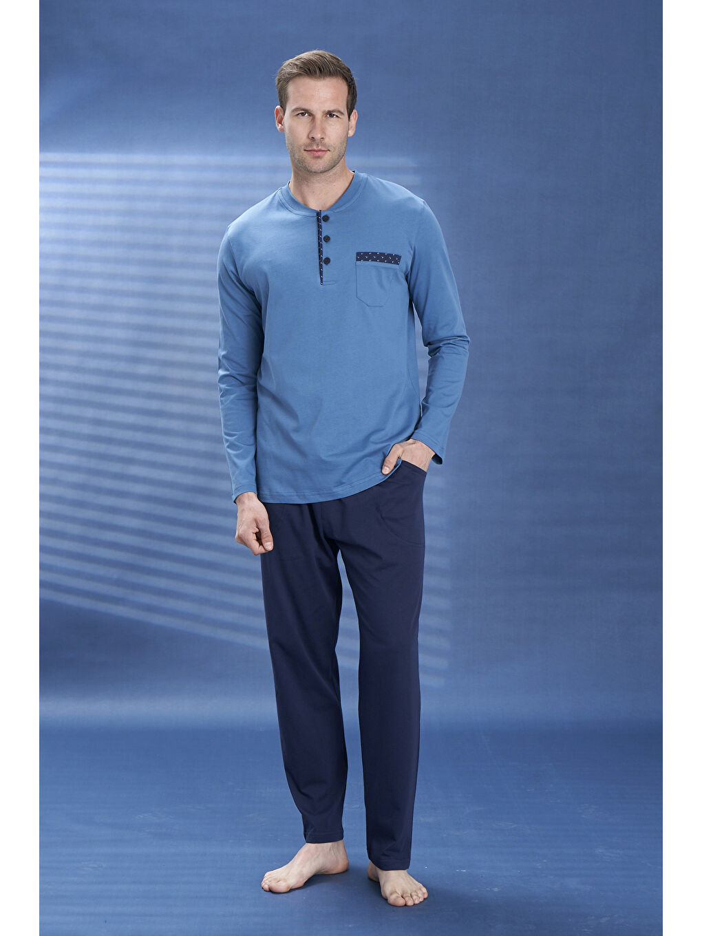 Erkek Penye Yarım Düğme Detay Uzun Kol Pijama Takımı 2129 Petrol07-3