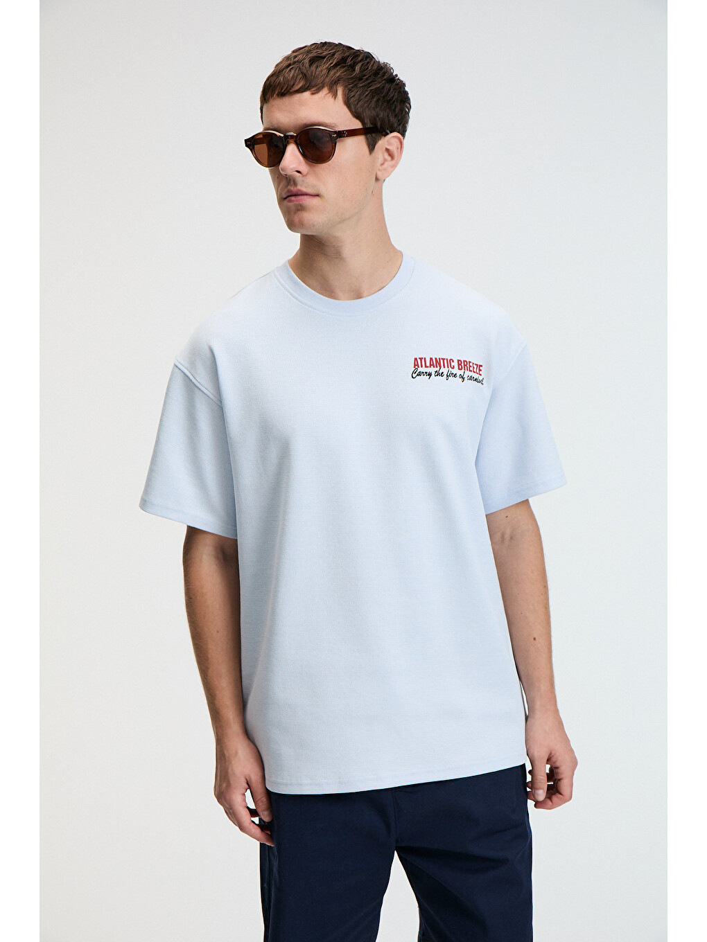Yum Erkek Oversize Baskılı Yuvarlak Yaka Mavi T-shirt-2