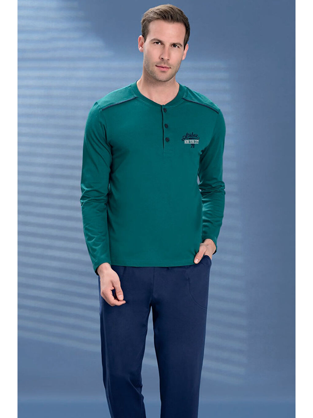 Erkek Penye Yarım Düğme Detay Uzun Kol Pijama Takımı 2102 Yeşil04-1