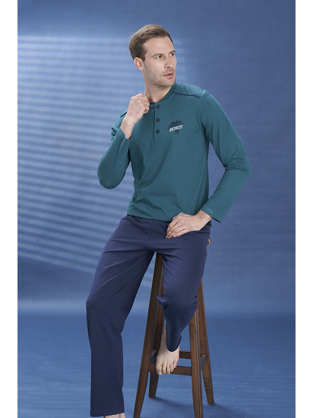 Erkek Penye Yarım Düğme Detay Uzun Kol Pijama Takımı 2102 Yeşil04-2