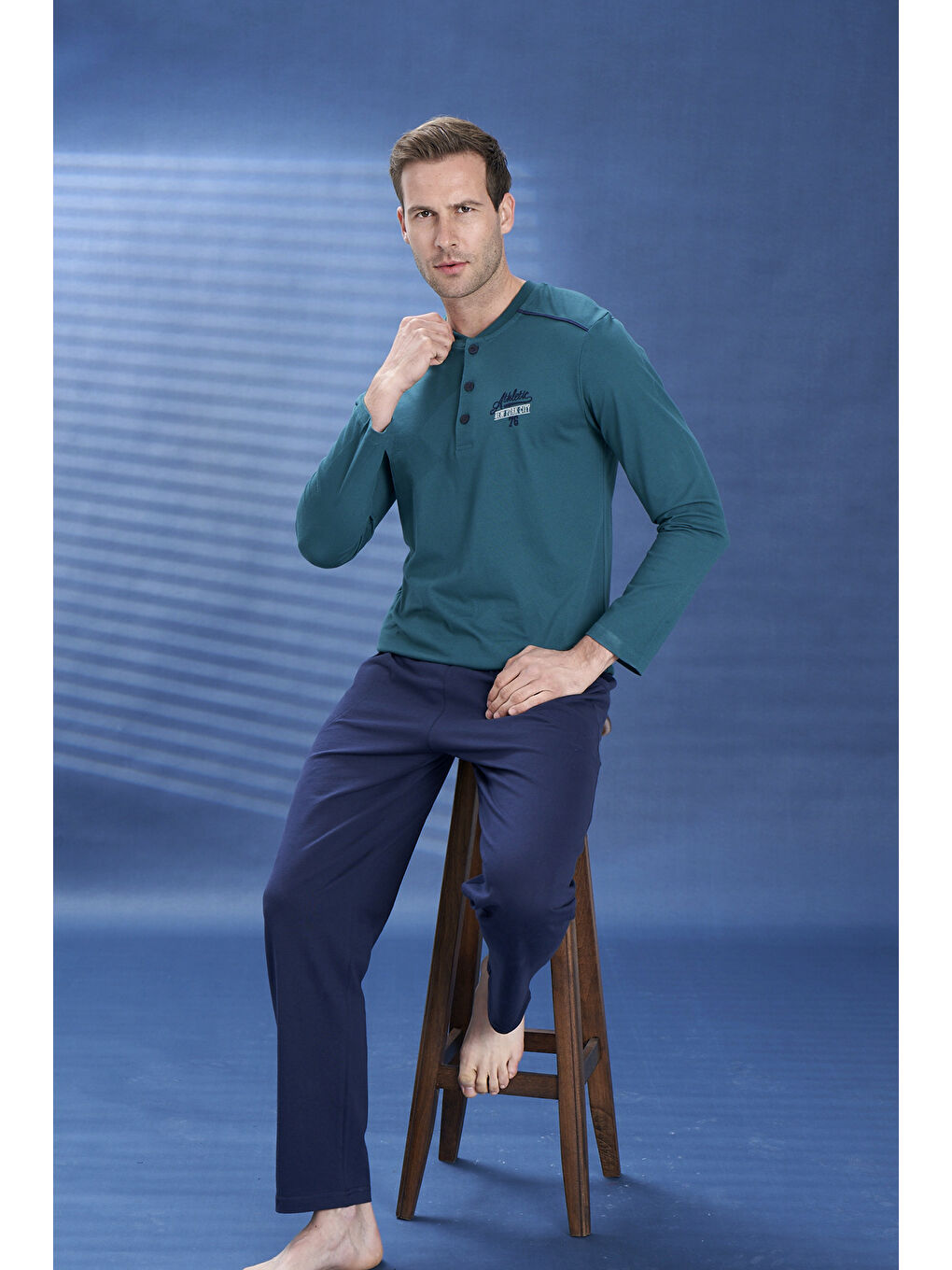 Erkek Penye Yarım Düğme Detay Uzun Kol Pijama Takımı 2102 Yeşil04-3