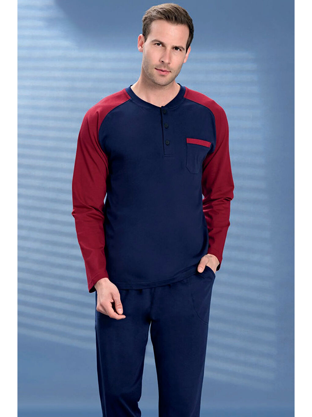 Lacivert Erkek Penye Yarım Düğme Detay Uzun Kol Pijama Takımı 2120 Laci12