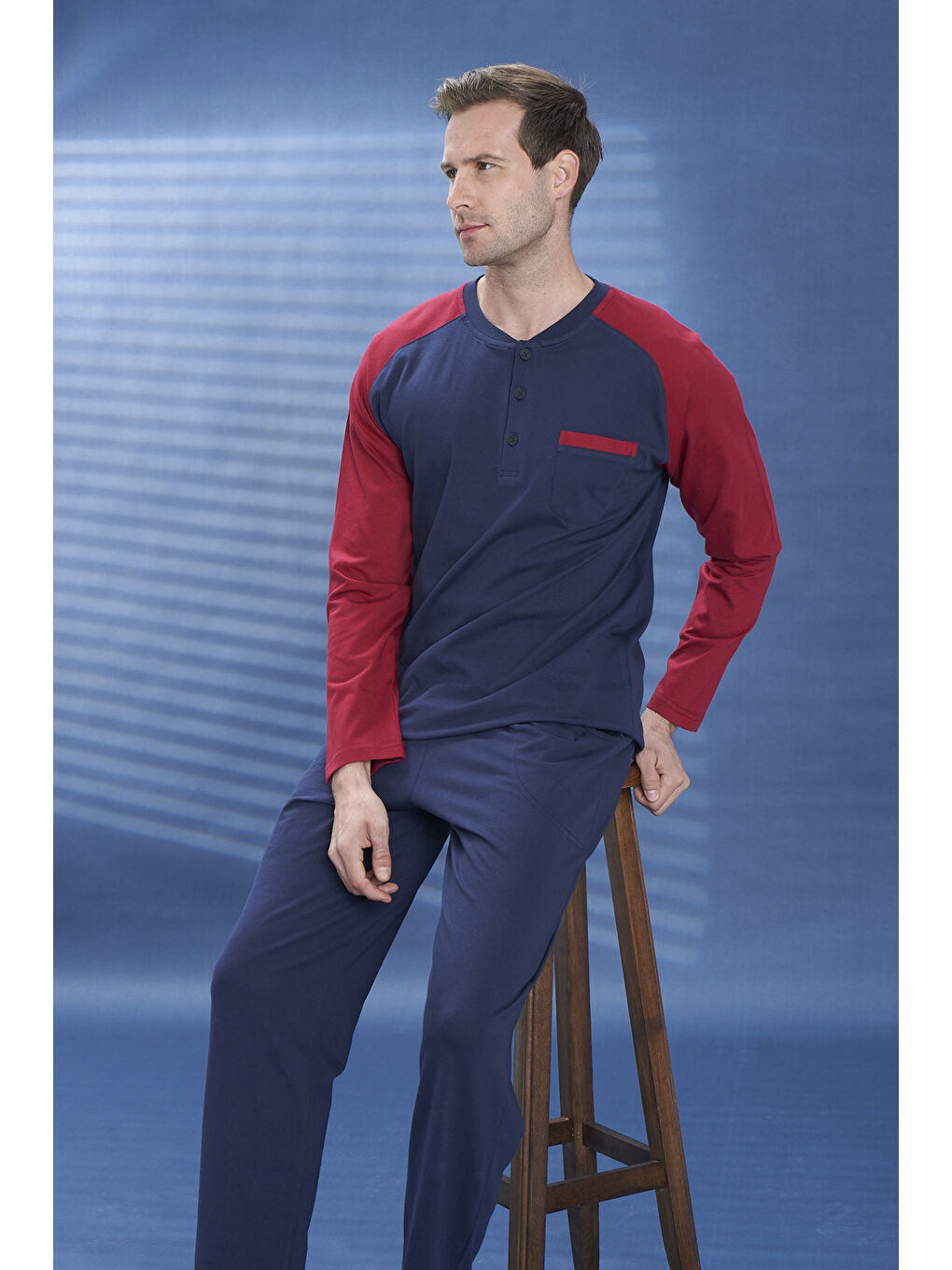 Lacivert Erkek Penye Yarım Düğme Detay Uzun Kol Pijama Takımı 2120 Laci12-1