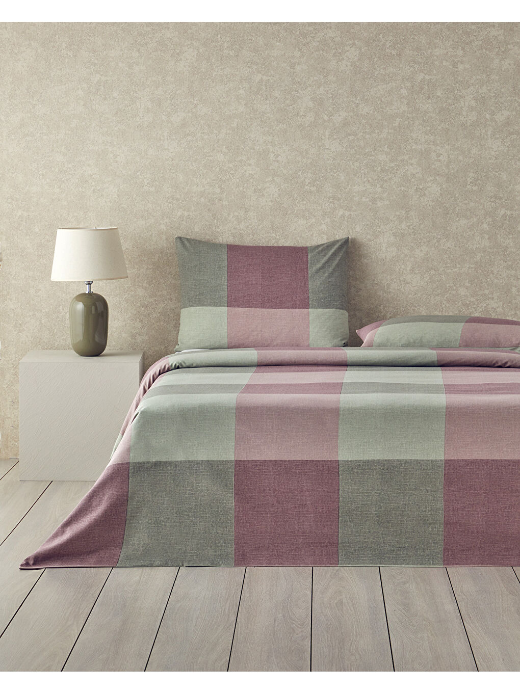 Textured Plaid Kolay Ütülenir Çift Kişilik Nevresim Seti 200x220 cm Yeşil-Mürdüm