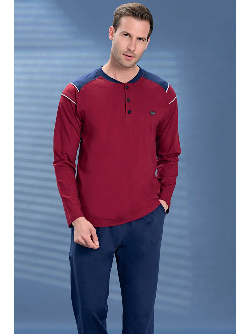 Erkek Penye Yarım Düğme Detay Uzun Kol Pijama Takımı 2134 Bordo05-1