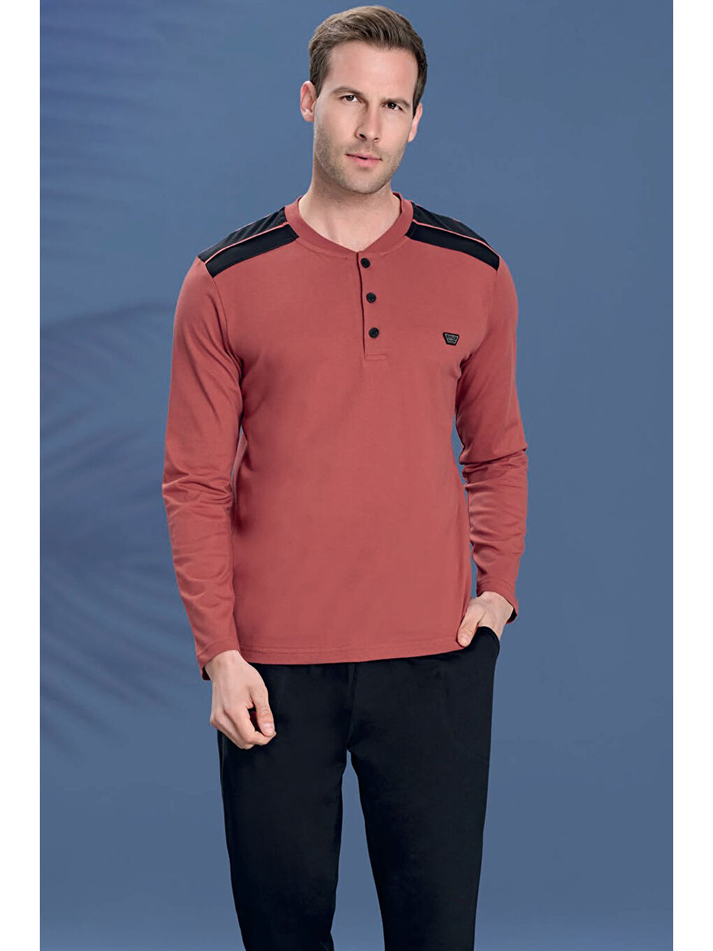 Siyah Erkek Penye Yarım Düğme Detay Uzun Kol Pijama Takımı 2124 Kiremit01-1