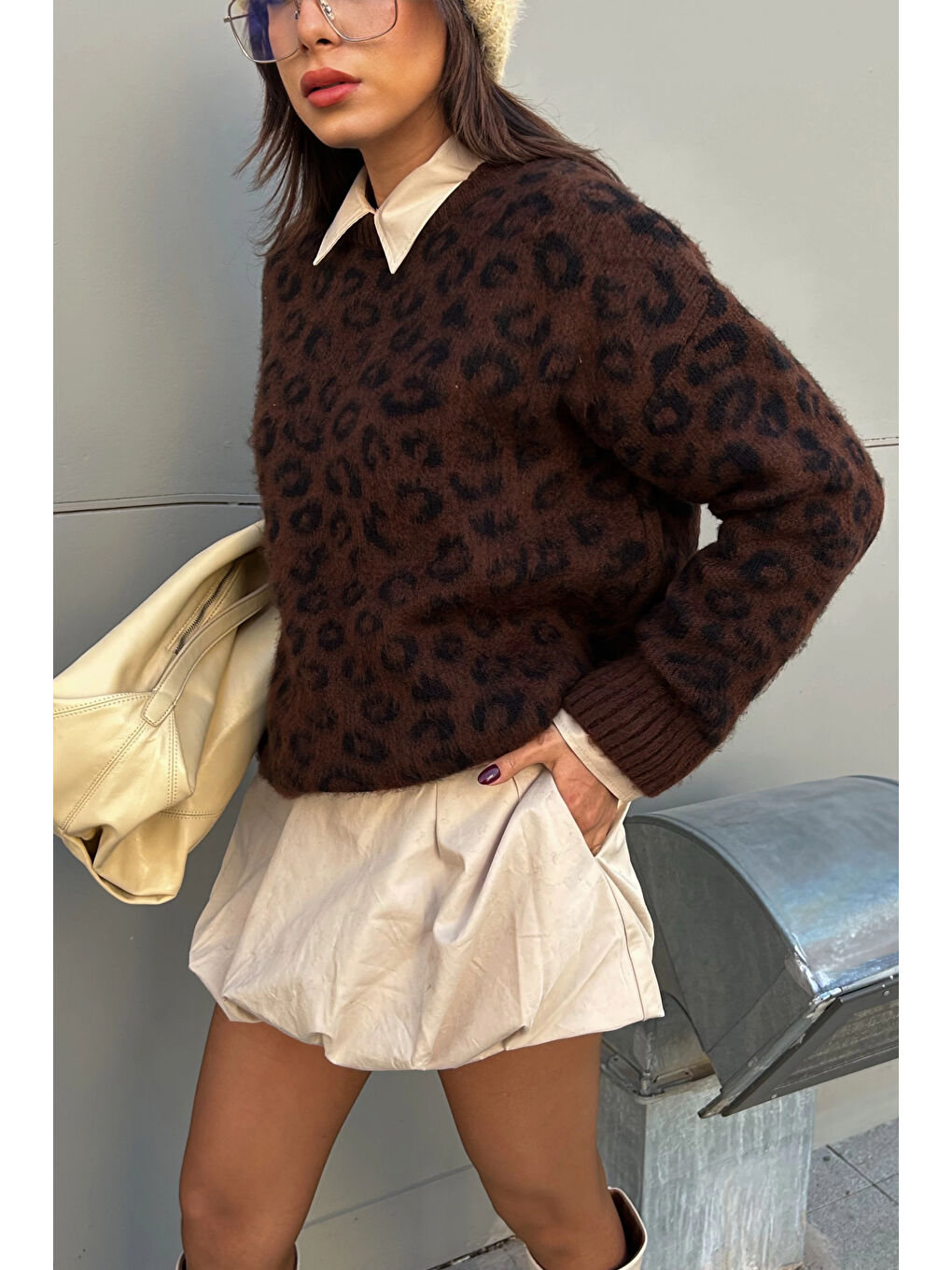 Kahverengi Kadın Kahve Leopar Desen Kazak 1014-5229