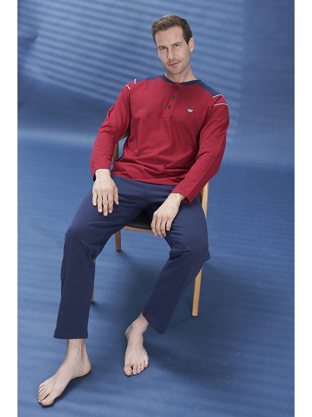 Erkek Penye Yarım Düğme Detay Uzun Kol Pijama Takımı 2134 Bordo05-2