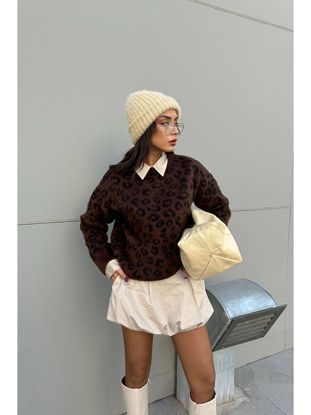 Kahverengi Kadın Kahve Leopar Desen Kazak 1014-5229-1