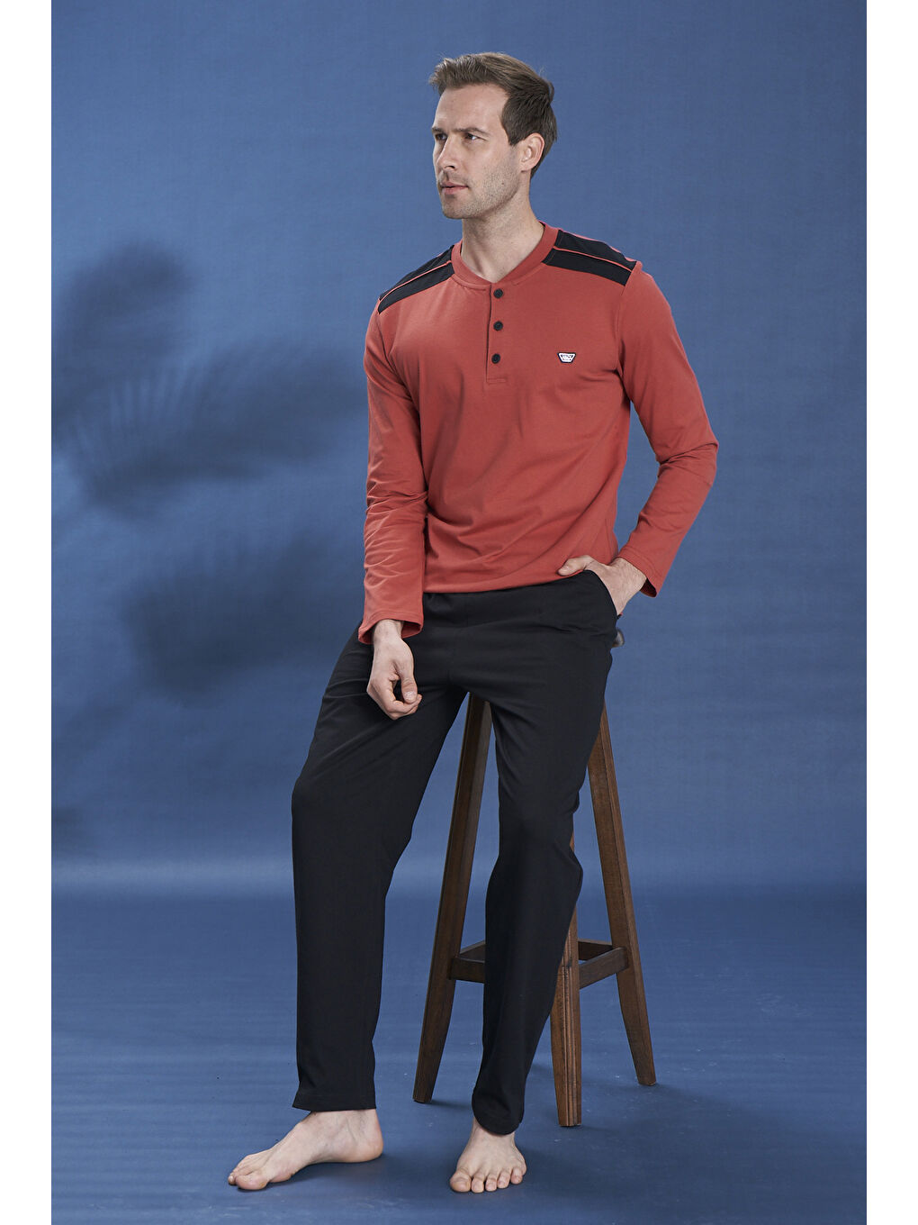 Siyah Erkek Penye Yarım Düğme Detay Uzun Kol Pijama Takımı 2124 Kiremit01-3