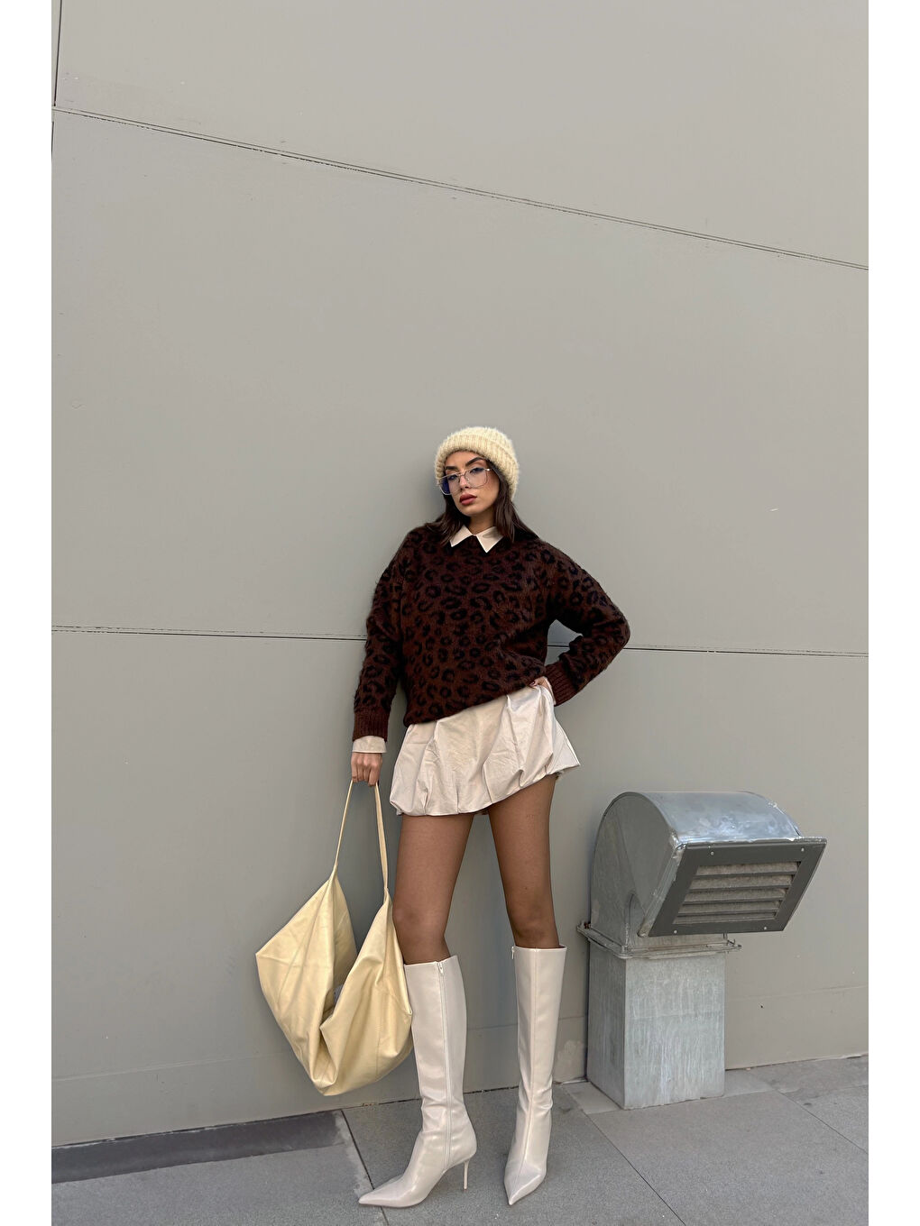 Kahverengi Kadın Kahve Leopar Desen Kazak 1014-5229-2