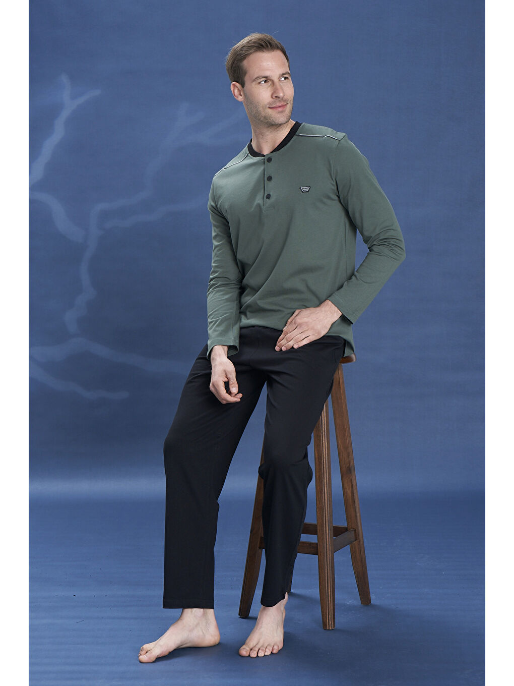 Erkek Penye Yarım Düğme Detay Uzun Kol Pijama Takımı 2127 Haki