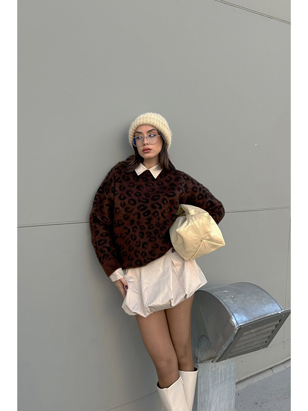 Kahverengi Kadın Kahve Leopar Desen Kazak 1014-5229-3