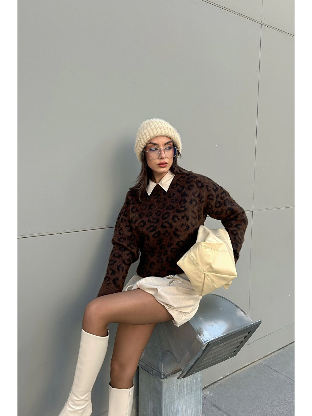 Kahverengi Kadın Kahve Leopar Desen Kazak 1014-5229-4