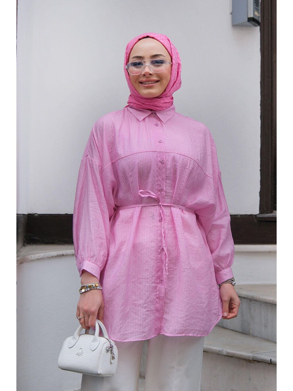 Locco Moda Pembe Çizgili Bel Bağlamalı Gömlek Pembe