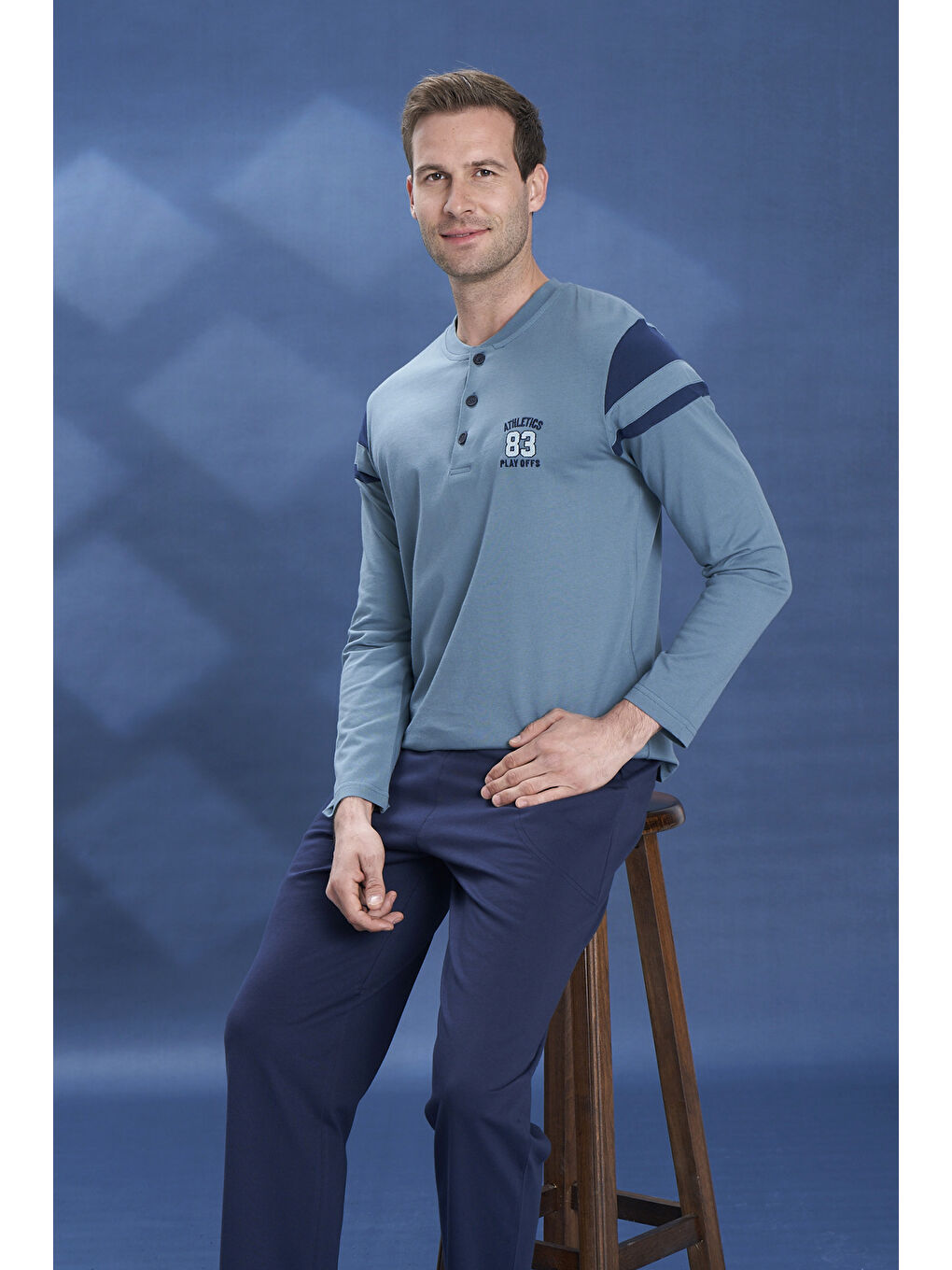 Erkek Penye Yarım Düğme Detay Uzun Kol Pijama Takımı 2101 Yeşil03