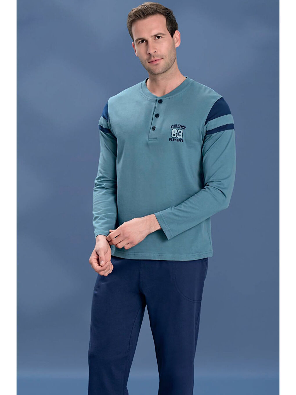 Erkek Penye Yarım Düğme Detay Uzun Kol Pijama Takımı 2101 Yeşil03-1