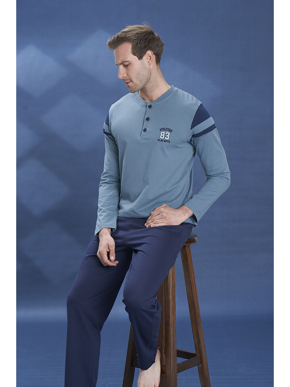 Erkek Penye Yarım Düğme Detay Uzun Kol Pijama Takımı 2101 Yeşil03-2