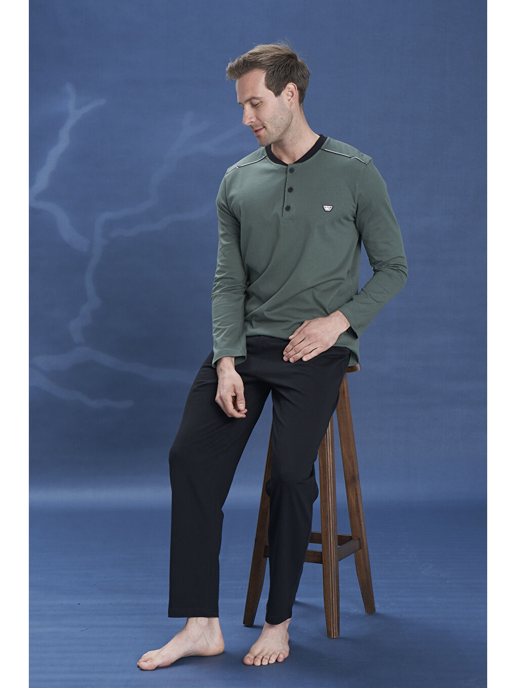 Erkek Penye Yarım Düğme Detay Uzun Kol Pijama Takımı 2127 Haki-2