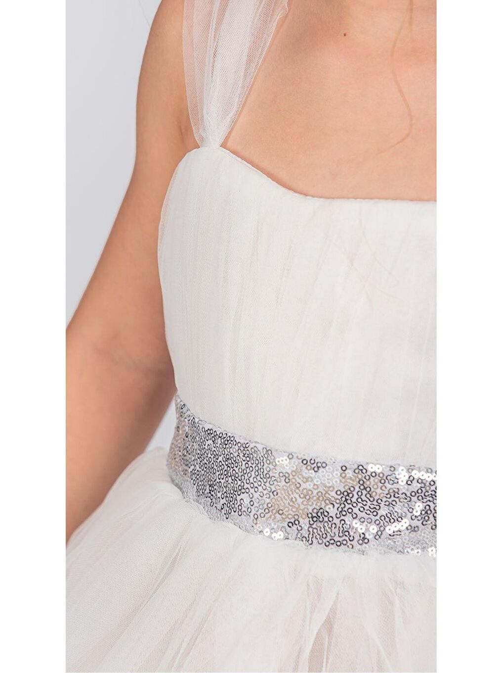 Beyaz Sırt Gipeli Tütü Etek Kız Çocuk Saten Parti Abiye Elbise-3