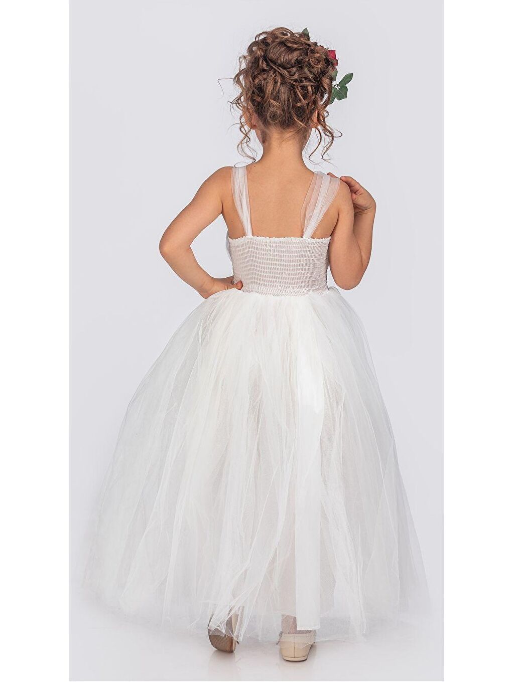 Beyaz Sırt Gipeli Tütü Etek Kız Çocuk Saten Parti Abiye Elbise-1