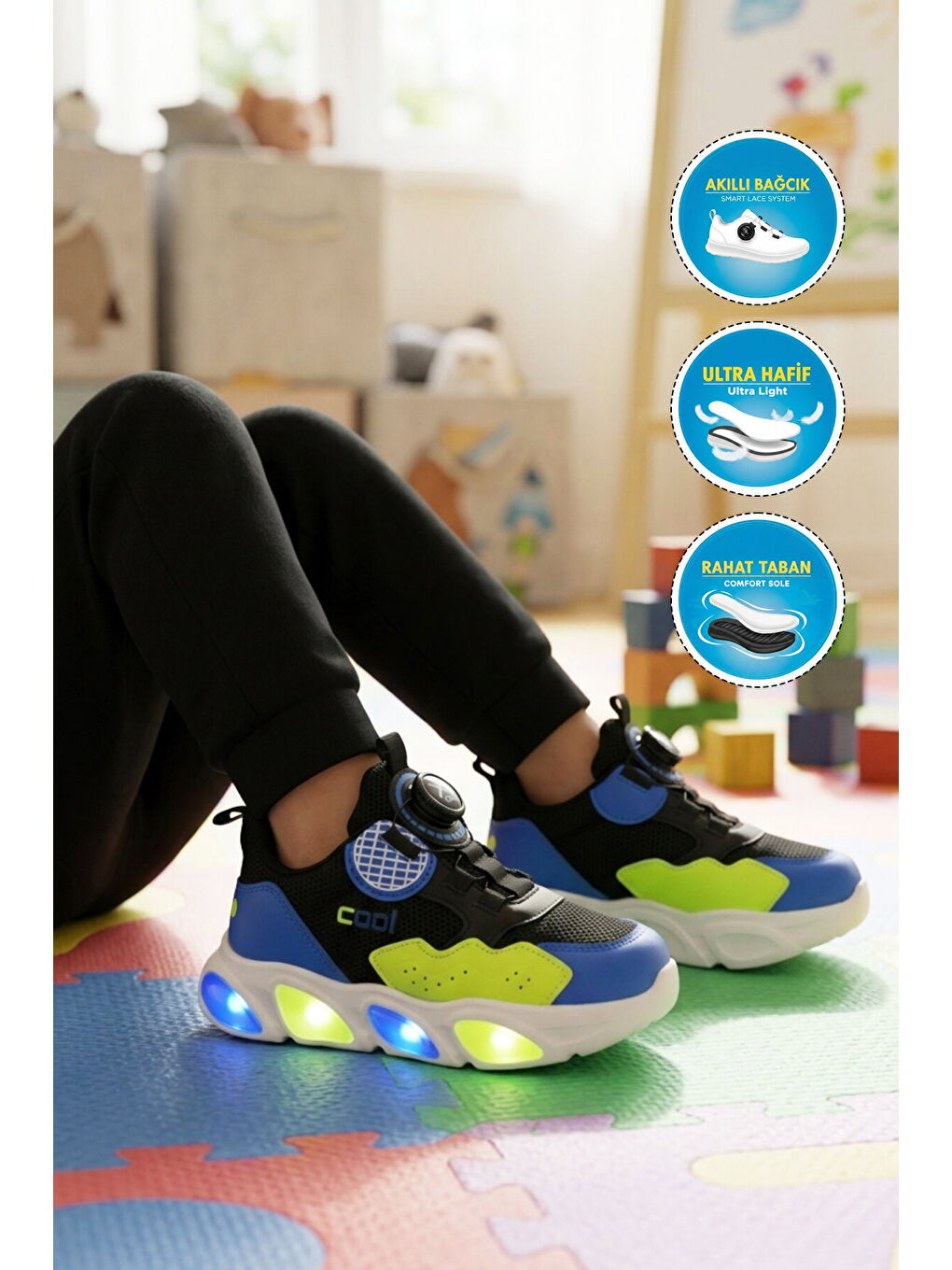 Siyah Misina Bağcıklı Işıklı Fileli Hafif Çocuk Spor Ayakkabı Leon P-2