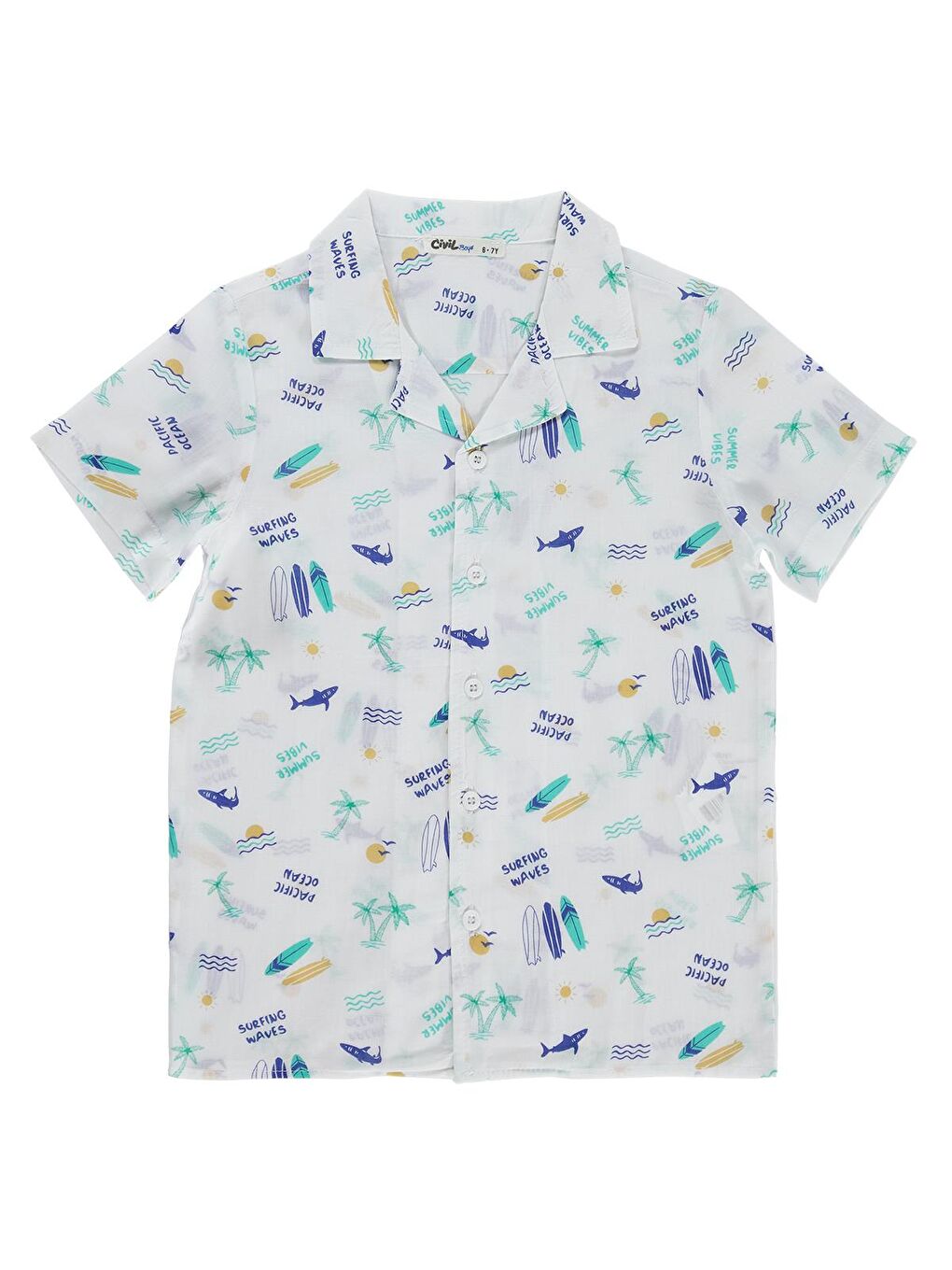Boys Köpekbalığı Palmiye Baskılı 6-9 Yaş Gömlek - Beyaz