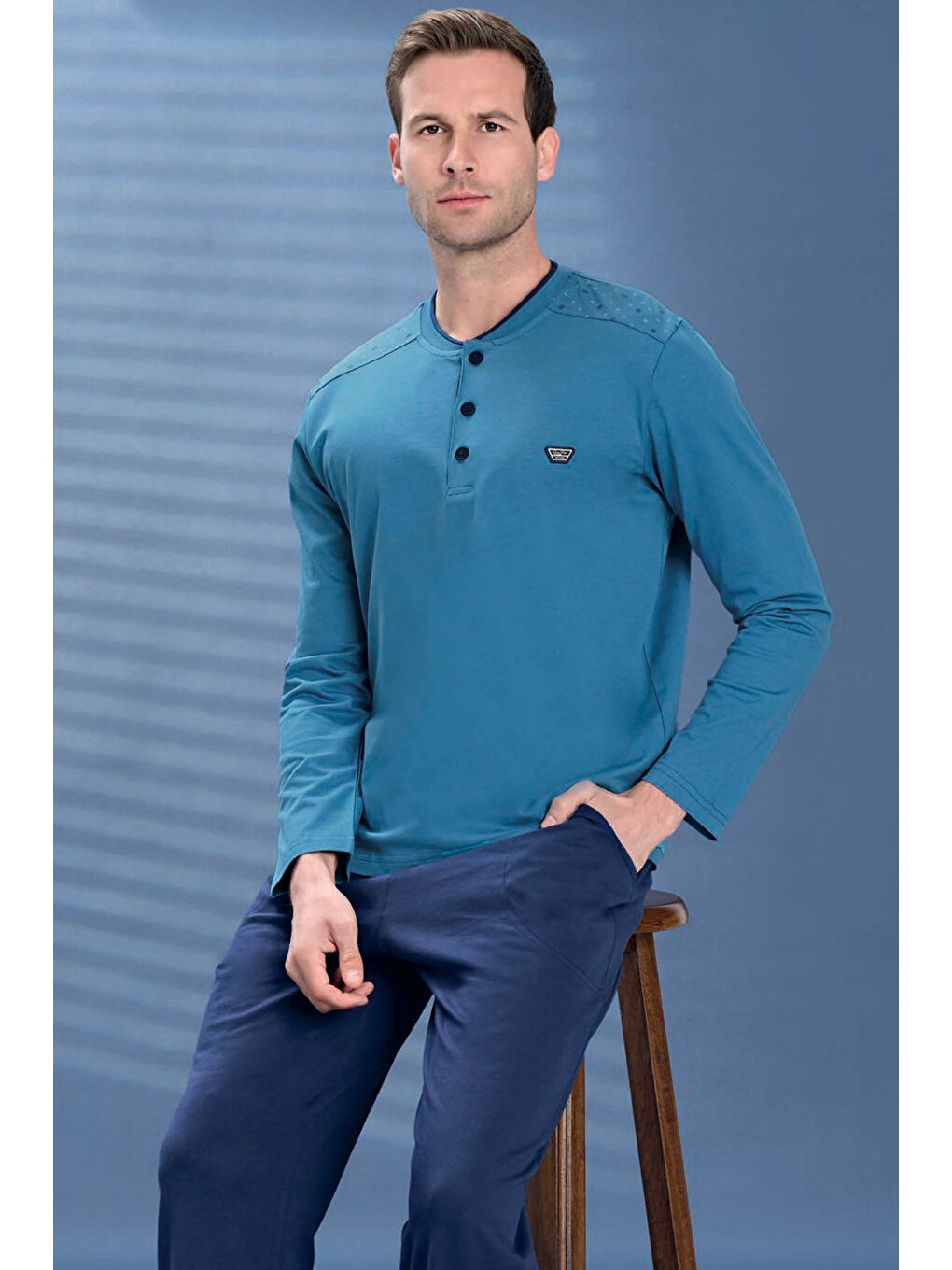 Mavi Erkek Penye Yarım Düğme Detay Uzun Kol Pijama Takımı 2108 Petrol06-1