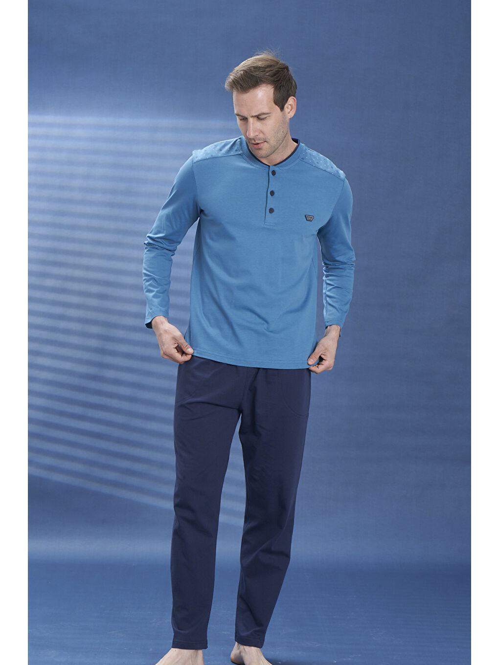 Mavi Erkek Penye Yarım Düğme Detay Uzun Kol Pijama Takımı 2108 Petrol06-2