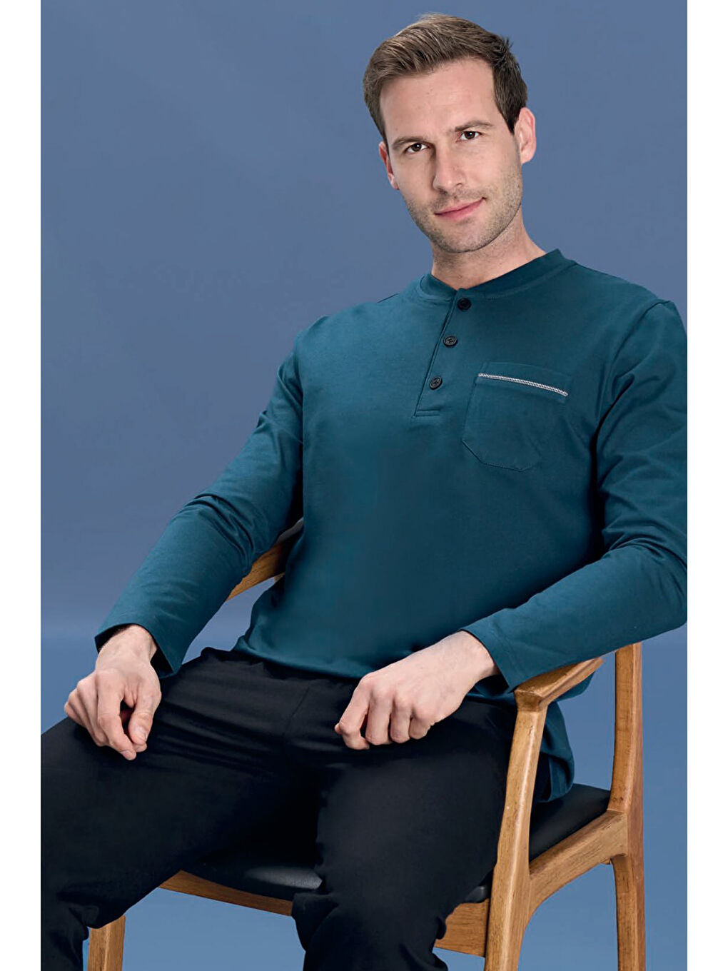 Erkek Penye Yarım Düğme Detay Uzun Kol Pijama Takımı 2135 Petrol05-1