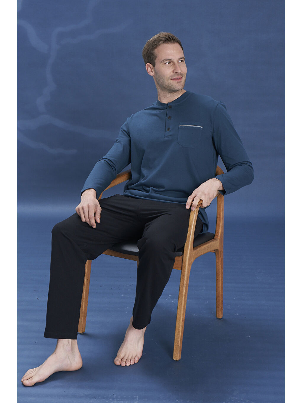 Erkek Penye Yarım Düğme Detay Uzun Kol Pijama Takımı 2135 Petrol05-2