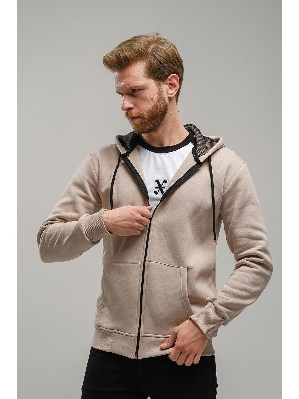 Oksit Bej Regnault Üç İplik Pamuklu Kapüşonu File Detaylı  Fermuarlı Sweatshirt