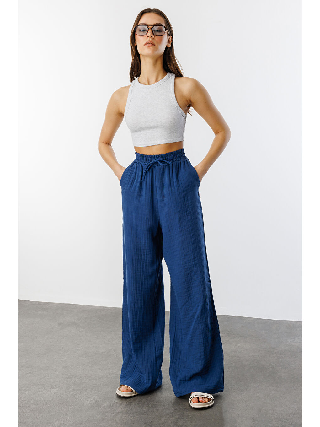 Lacivert Müslin Palazzo Kadın Pantolon MÜSLİN-PANTOLON