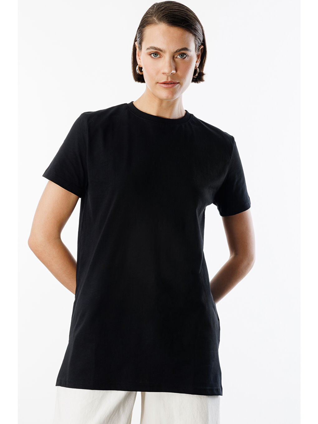 Siyah Regular Fit Bisiklet Yaka Basic Düz Kısa Kollu %100 Pamuk Tunik OVERSIZE-TUNIK