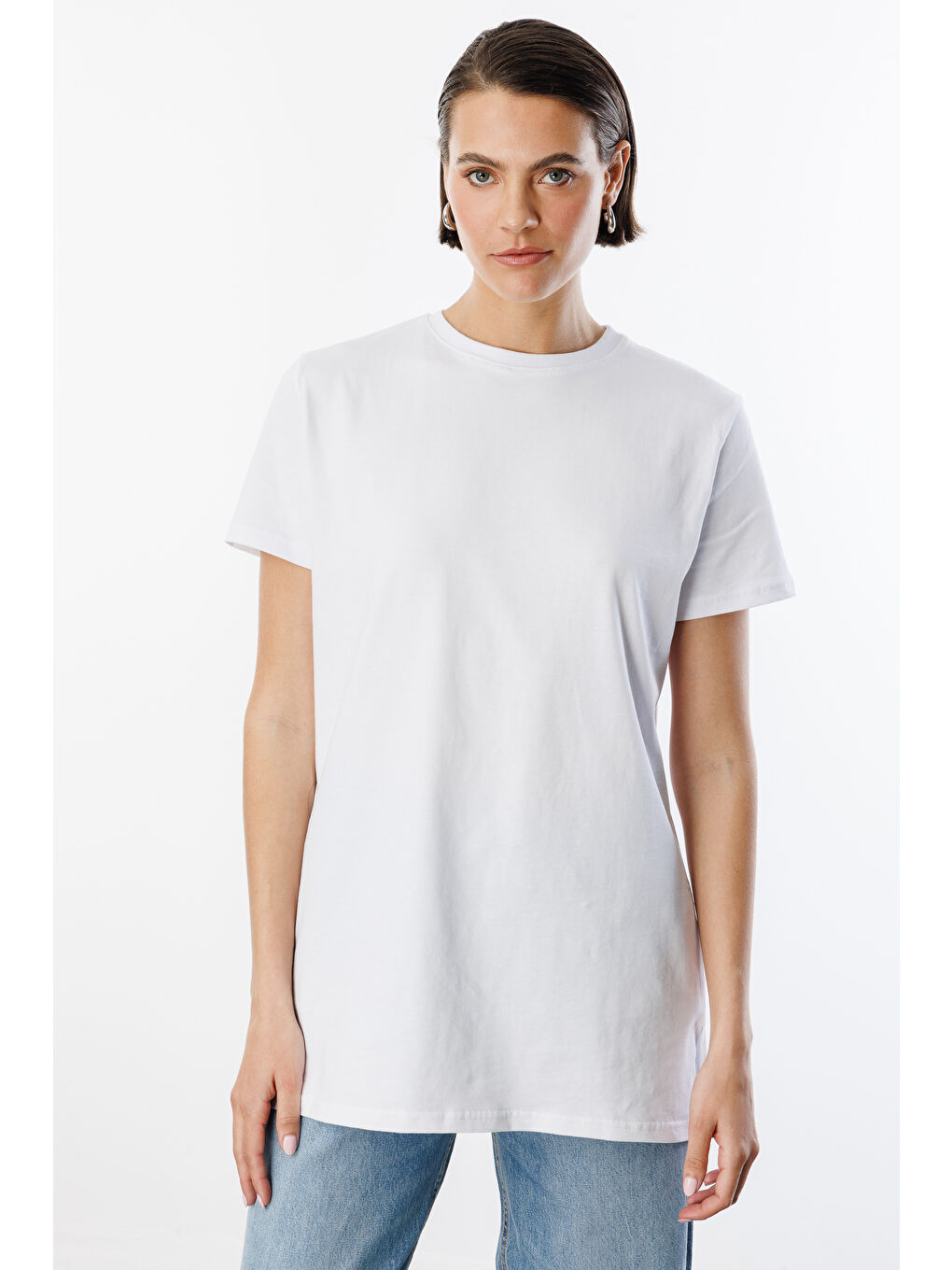 Beyaz Regular Fit Bisiklet Yaka Basic Düz Kısa Kollu %100 Pamuk Tunik OVERSIZE-TUNIK