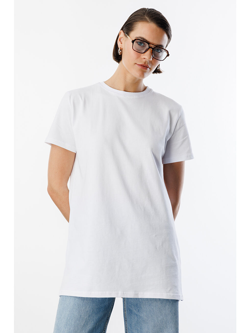 Beyaz Regular Fit Bisiklet Yaka Basic Düz Kısa Kollu %100 Pamuk Tunik OVERSIZE-TUNIK-1