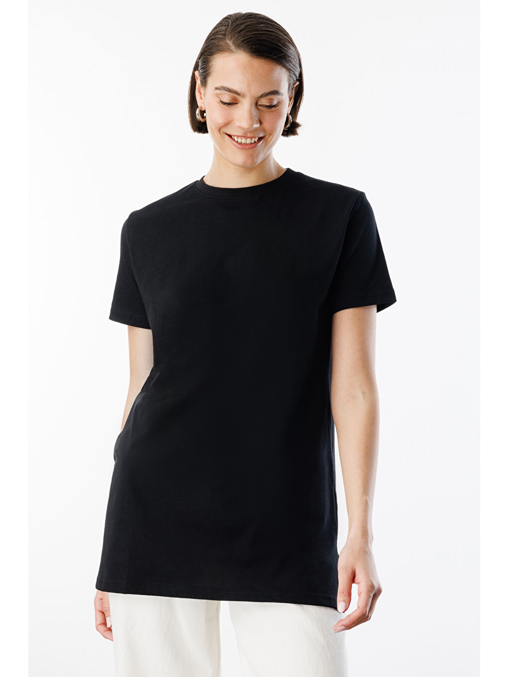 Siyah Regular Fit Bisiklet Yaka Basic Düz Kısa Kollu %100 Pamuk Tunik OVERSIZE-TUNIK-2